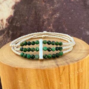 pulsera elasticada con perfil de plata 950, 3 hileras de mostacillas de hematita y mostacillas de plata 1000